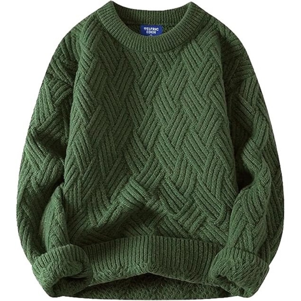 Aelfric Eden Mens Sage Green Geometric Cable Knit Oversized Crewneck Sweater  oo
